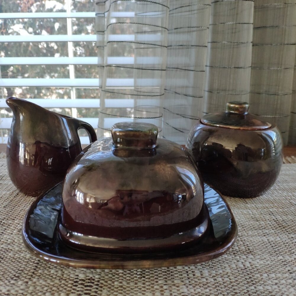 Beauce Art Pottery Set of 3 Marbled Drip Glazed, VTG Butter Dish Sugar Creamer